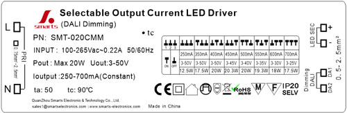 dimmable led driver dali 250ma to 700ma 50v 20w